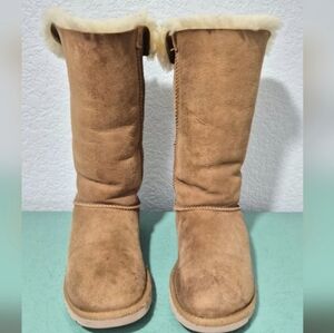 Cozy Shearling Lined Tall Boots Bow Back Chestnut